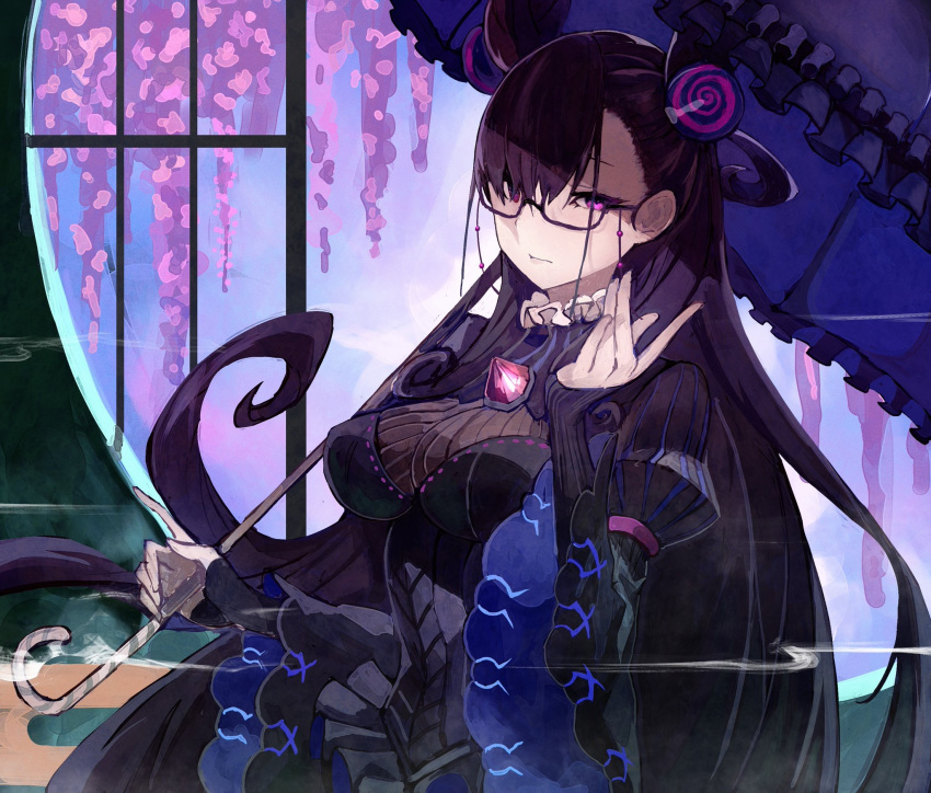 1girl arm_up bangs black_dress breasts brown_hair double_bun dress fate/grand_order fate_(series) flower frilled_dress frilled_shirt_collar frills gem glasses hair_between_eyes hair_ornament highres holding holding_umbrella large_breasts long_hair long_sleeves murasaki_shikibu_(fate) puffy_sleeves purple_eyes round_window sanshouuo serious sleeves_past_wrists solo two_side_up umbrella very_long_hair window wisteria