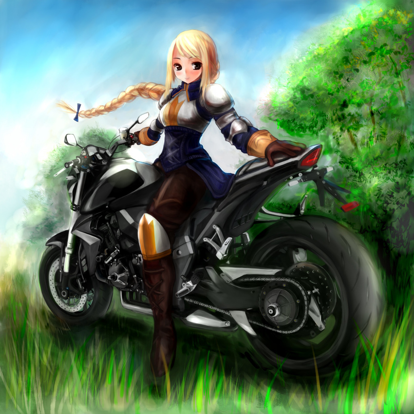 agrias_oaks armor blonde_hair blush boots braid brown_eyes eru_(kawaeru) final_fantasy final_fantasy_tactics gloves ground_vehicle highres long_hair motor_vehicle motorcycle single_braid smile