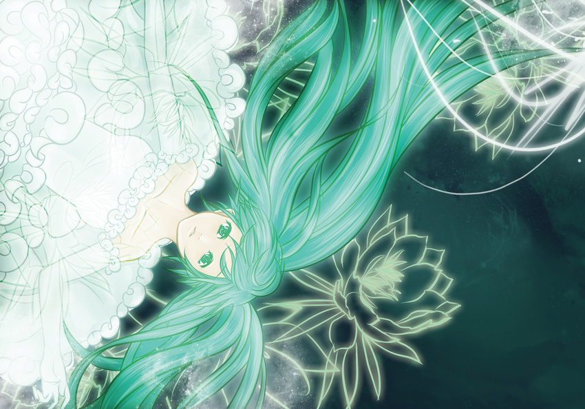 aqua_eyes aqua_hair bad_id bad_pixiv_id bare_shoulders detached_sleeves dollyly21 dress flower from_above hatsune_miku highres long_hair solo vocaloid