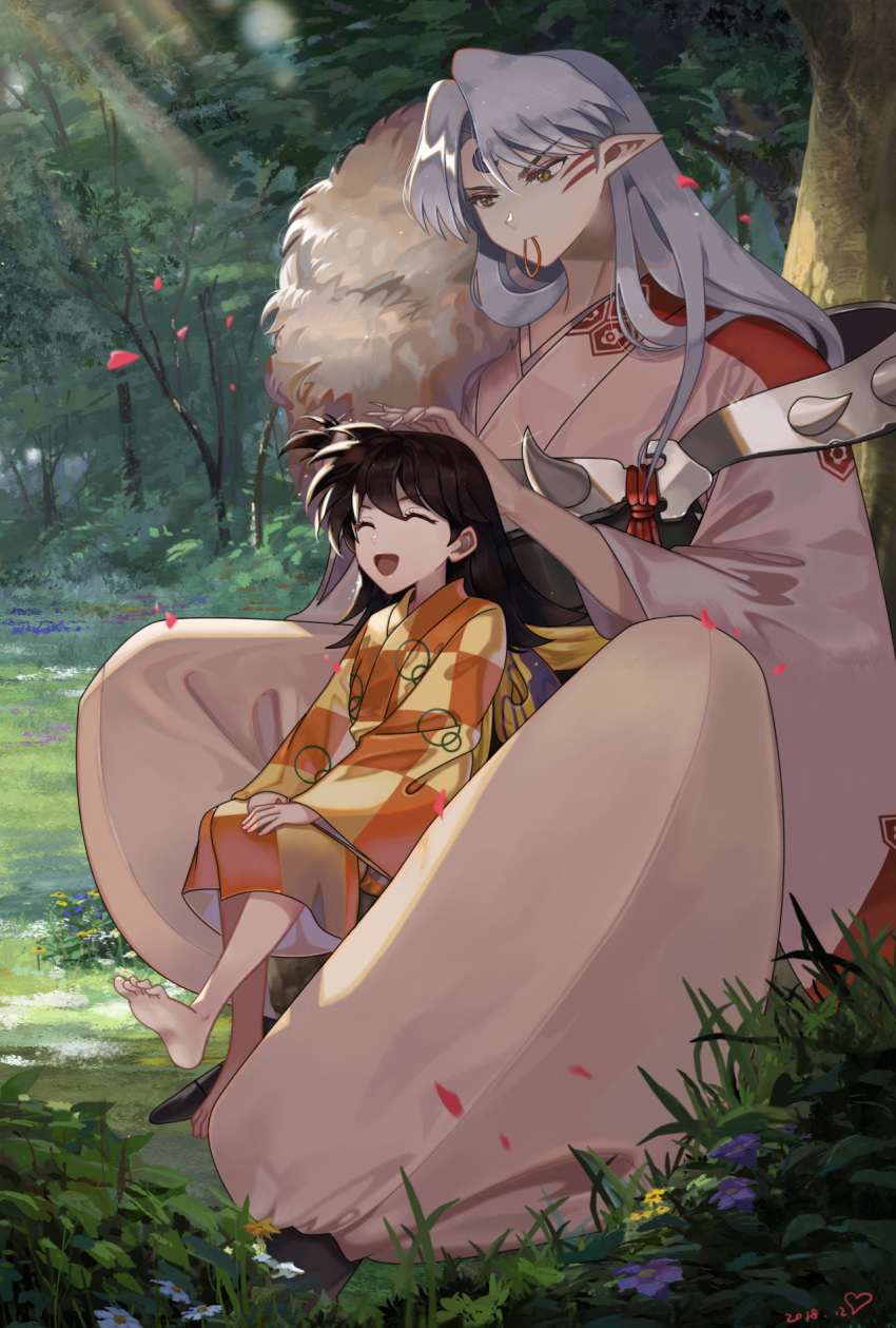 1boy 1girl armor bangs barefoot black_footwear black_hair checkered checkered_kimono child crescent day eyes_closed facial_mark forehead_mark forest grass highres inuyasha japanese_clothes kimono light_rays long_hair looking_at_another nature one_side_up outdoors pants parted_bangs peach_luo pointy_ears rin_(inuyasha) sash sesshoumaru shoes sitting sitting_on_lap sitting_on_person smile spikes tree tying_hair white_hair white_pants yellow_eyes
