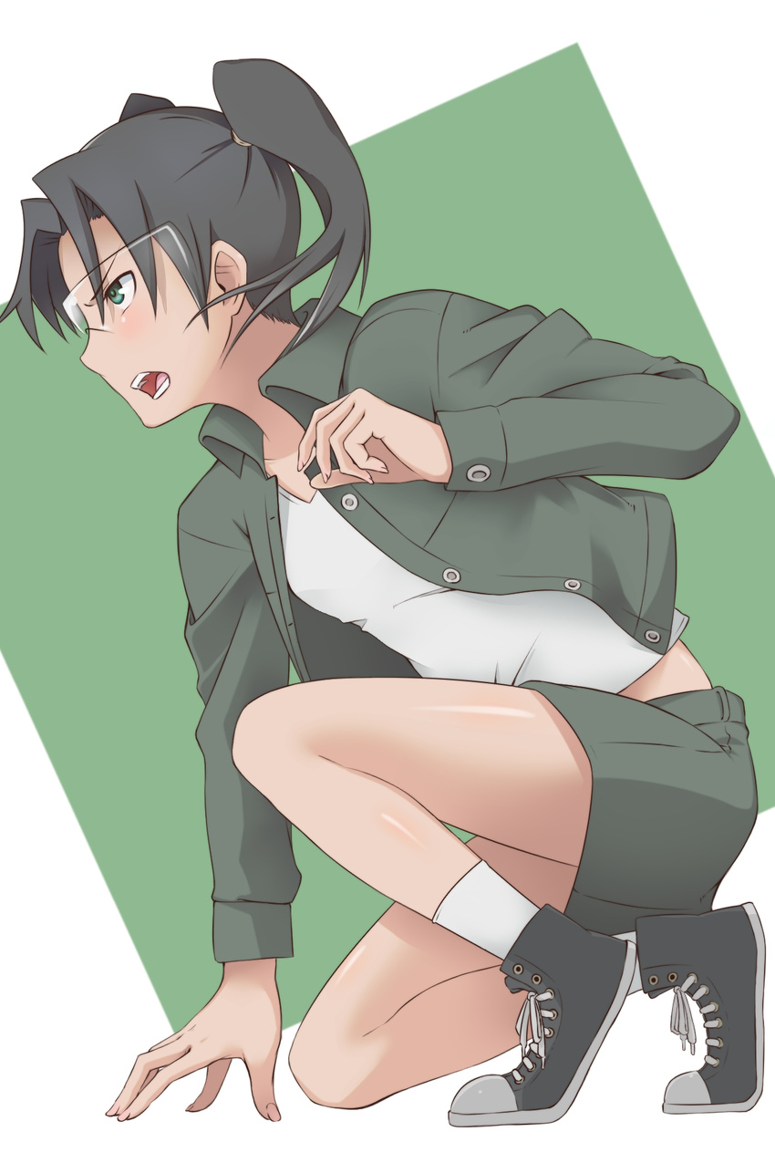 amasawa_yuuko black_hair dennou_coil from_side goggles green_eyes highres one_knee open_mouth profile shoes socks solo twintails yokke