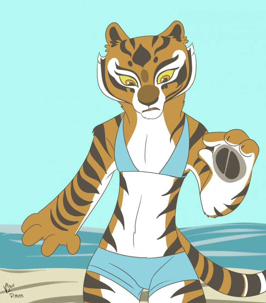 anthro bikini breasts clothed clothing feline female invalid_background kung_fu_panda mammal master_tigress pmoss simple_background skimpy small_breasts solo swimsuit tiger