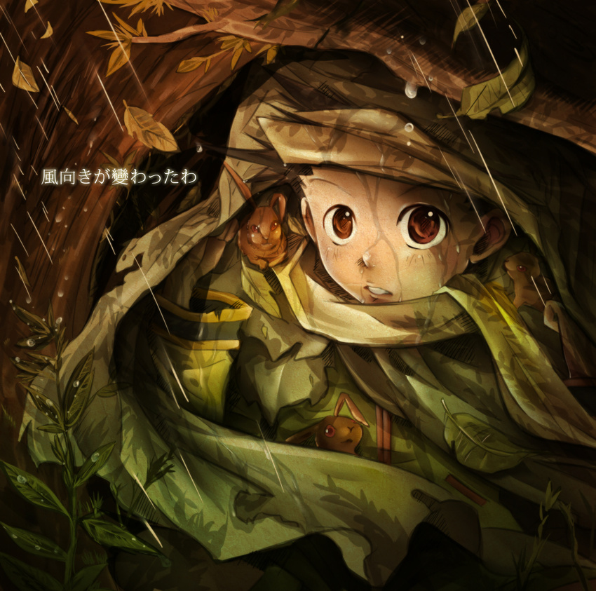 animal black_hair branch brown_eyes dollyly21 gon_freecss highres hunter_x_hunter leaf looking_at_viewer male_focus rain scarf solo translation_request under_covers