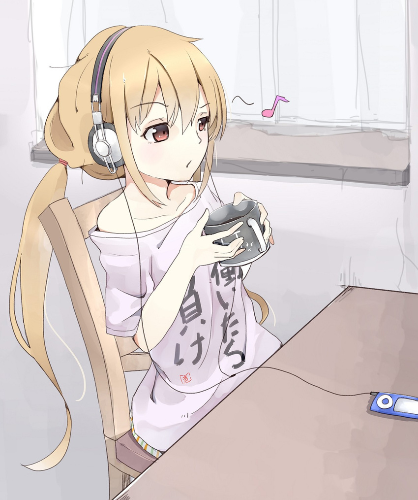 bare_shoulders blonde_hair chair clothes_writing cup curtains digital_media_player futaba_anzu headphones highres holding idolmaster idolmaster_cinderella_girls ipod listening_to_music long_hair musical_note red_eyes shirt snowflyer solo t-shirt table twintails window you_work_you_lose