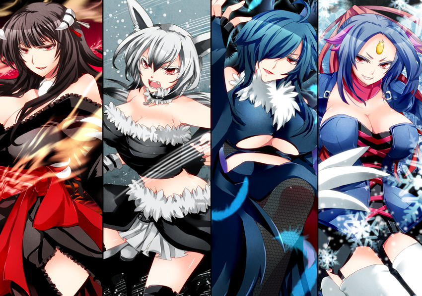 ahoge akatsuki_yakyou bare_shoulders black_legwear blue_hair breasts cleavage collar column_lineup evil_grin evil_smile facial_mark fingerless_gloves fingernails fishnet_pantyhose fishnets forehead_mark fur_trim garter_straps gen_2_pokemon gen_3_pokemon gen_4_pokemon gloves grey_hair grin hair_over_one_eye highres honchkrow horns houndoom large_breasts long_fingernails long_hair mightyena multicolored_hair multiple_girls nail_polish open_mouth pantyhose personification pokemon purple_hair red_eyes skirt smile snowflakes thighhighs two-tone_hair underboob weavile white_legwear