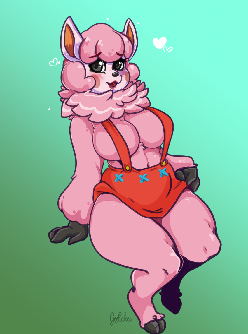 2019 alpaca animal_crossing anthro apron arnachy breasts camelid clothing digital_media_(artwork) female gradient_background hi_res hooves looking_at_viewer mammal nintendo open_mouth reese_(animal_crossing) signature simple_background solo video_games