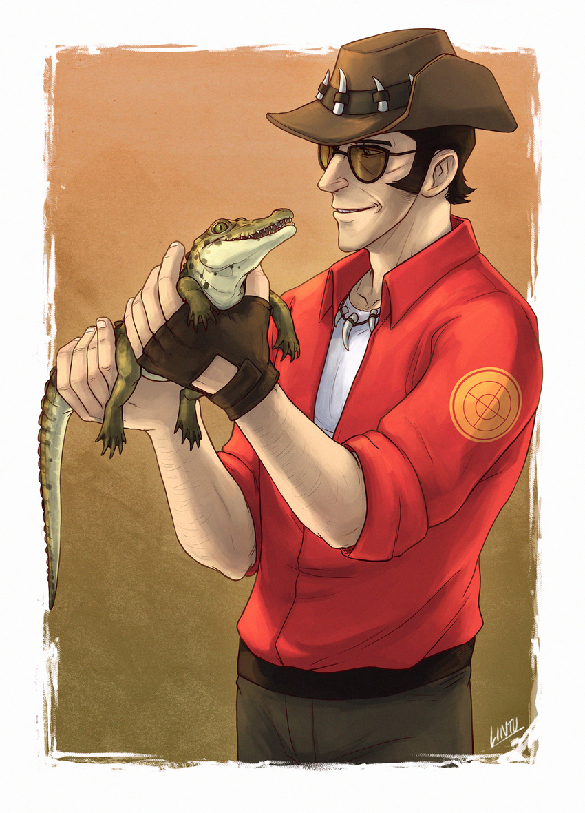 &hearts; age_difference aww baby brown_hair clothed clothing crocodile cute duo eyewear feral glove green_eyes hair hat human lintu lizard male mammal necklace open_mouth plain_background reptile scalie shirt size_difference smile sniper_(team_fortress_2) sunglasses team_fortress_2 teeth tiny webbed_feet white_background young