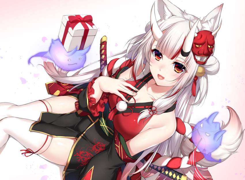 1girl animal_ears bangs bare_shoulders bell black_kimono blush bow box breasts cleavage collarbone fox_ears fox_girl fox_tail frilled_sleeves frills from_above gift gift_box gradient_hair hair_bell hair_bun hair_ornament hand_on_own_chest hitodama hololive horns japanese_clothes katana kimono knees_together_feet_apart long_hair looking_at_viewer mask mask_on_head medium_breasts minamon_(vittel221) multicolored_hair nail_polish nakiri_ayame off_shoulder oni oni_horns open_mouth pelvic_curtain petals pink_hair pink_nails pom_pom_(clothes) red_bow red_eyes red_shirt ribbon-trimmed_clothes ribbon-trimmed_legwear ribbon_trim rope sash shimenawa shirt smile solo sword tail thighhighs very_long_hair virtual_youtuber weapon white_hair white_legwear