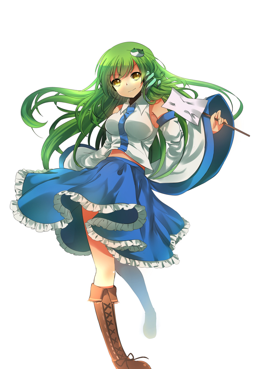 absurdres anthiea arm_up bad_id bad_pixiv_id bare_shoulders boots detached_sleeves frog_hair_ornament gohei green_hair hair_ornament highres kochiya_sanae long_hair midriff shirt skirt smile snake solo touhou upskirt wide_sleeves yellow_eyes