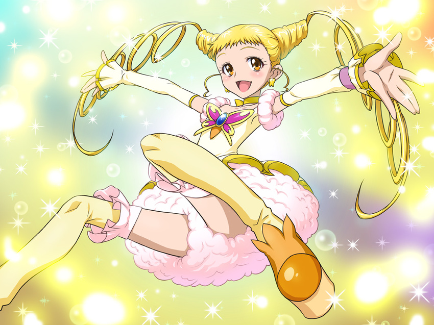 :d blonde_hair blush boots choker cure_lemonade detached_sleeves dress drill drill_hair earrings eyelashes frills jewelry joy_ride kasugano_urara_(yes!_precure_5) long_hair magical_girl open_mouth precure smile solo thigh_boots thighhighs twin_drills twintails yellow_choker yellow_eyes yes!_precure_5 zettai_ryouiki