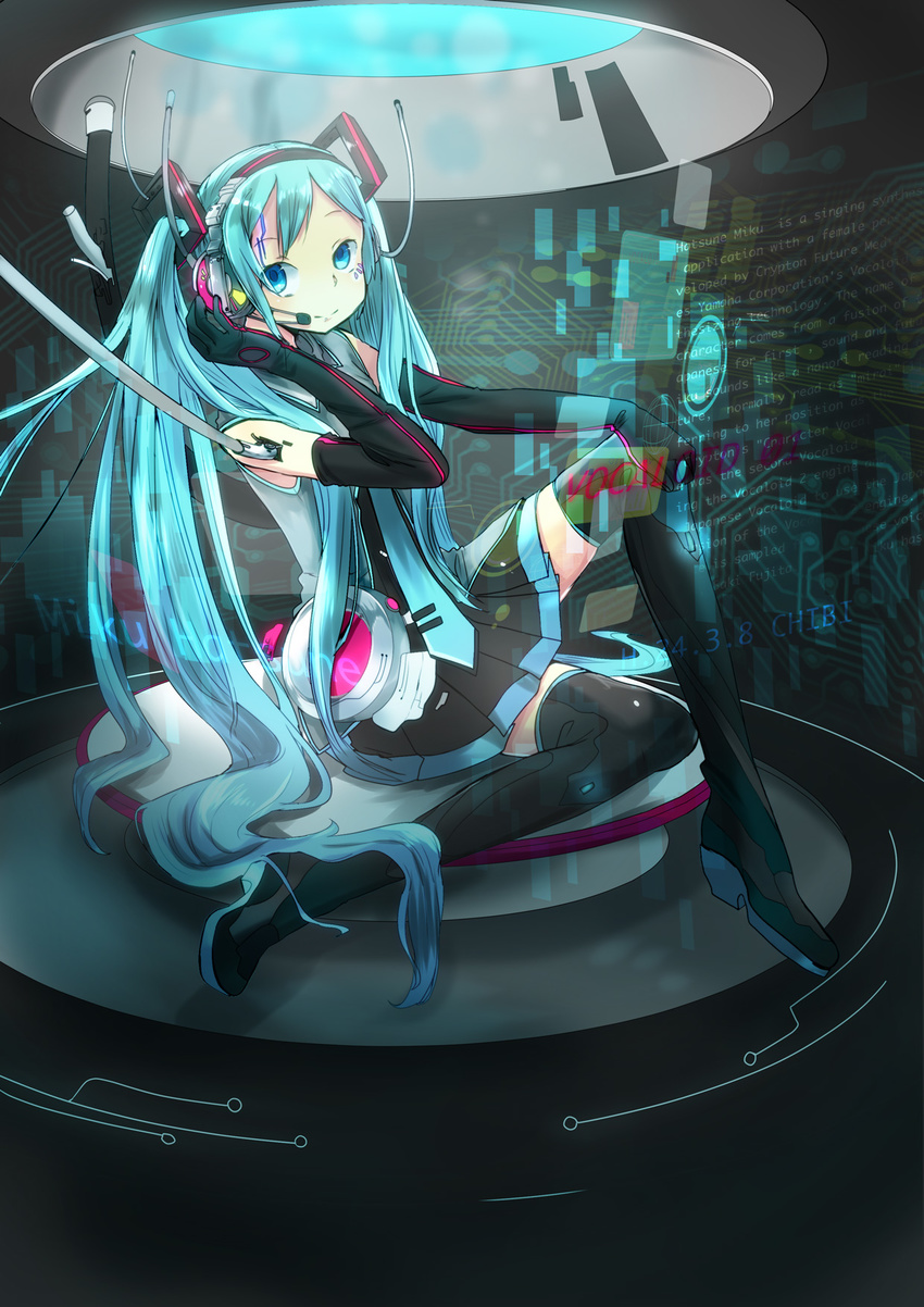 aqua_eyes aqua_hair bad_id bad_pixiv_id boots chibiibiru elbow_gloves gloves hatsune_miku headset highres long_hair necktie sitting skirt solo thigh_boots thighhighs twintails very_long_hair vocaloid