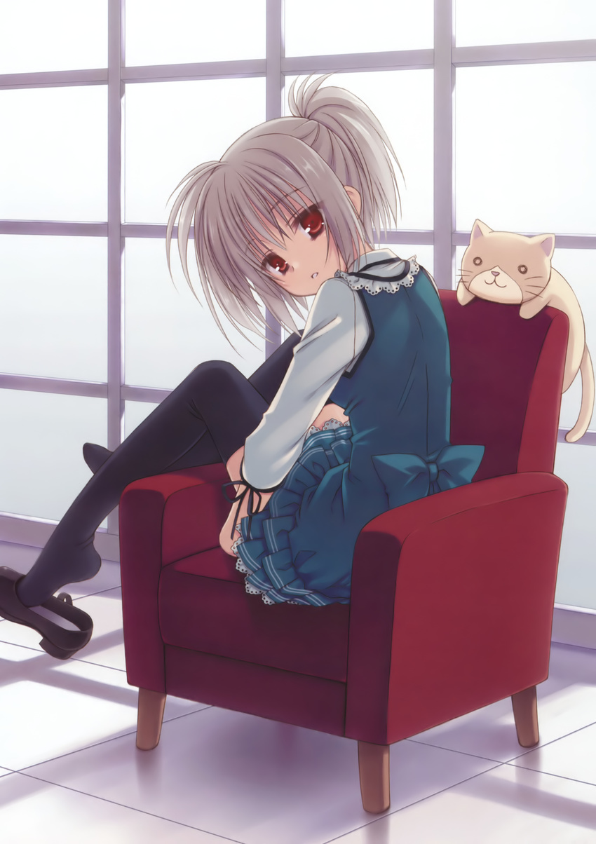 :3 absurdres cat chair dress grey_hair highres kona_nako muririn red_eyes sekai_seifuku_kanojo shoe_dangle shoes single_shoe sitting thighhighs window