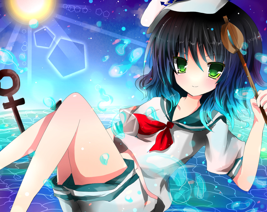 azumamutuki bad_id bad_pixiv_id black_hair green_eyes hat highres holding jpeg_artifacts light_rays murasa_minamitsu ocean sailor_hat school_uniform serafuku smile solo sun sunbeam sunlight touhou water