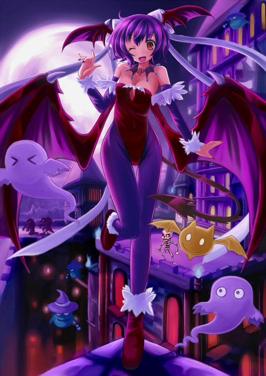 &gt;_&lt; breasts closed_eyes demon ghost hat head_wings highres hoshi_no_gen leotard lilith_aensland medium_breasts no_nose one_eye_closed pantyhose red_leotard skeleton smile solo tail vampire_(game) wings witch_hat