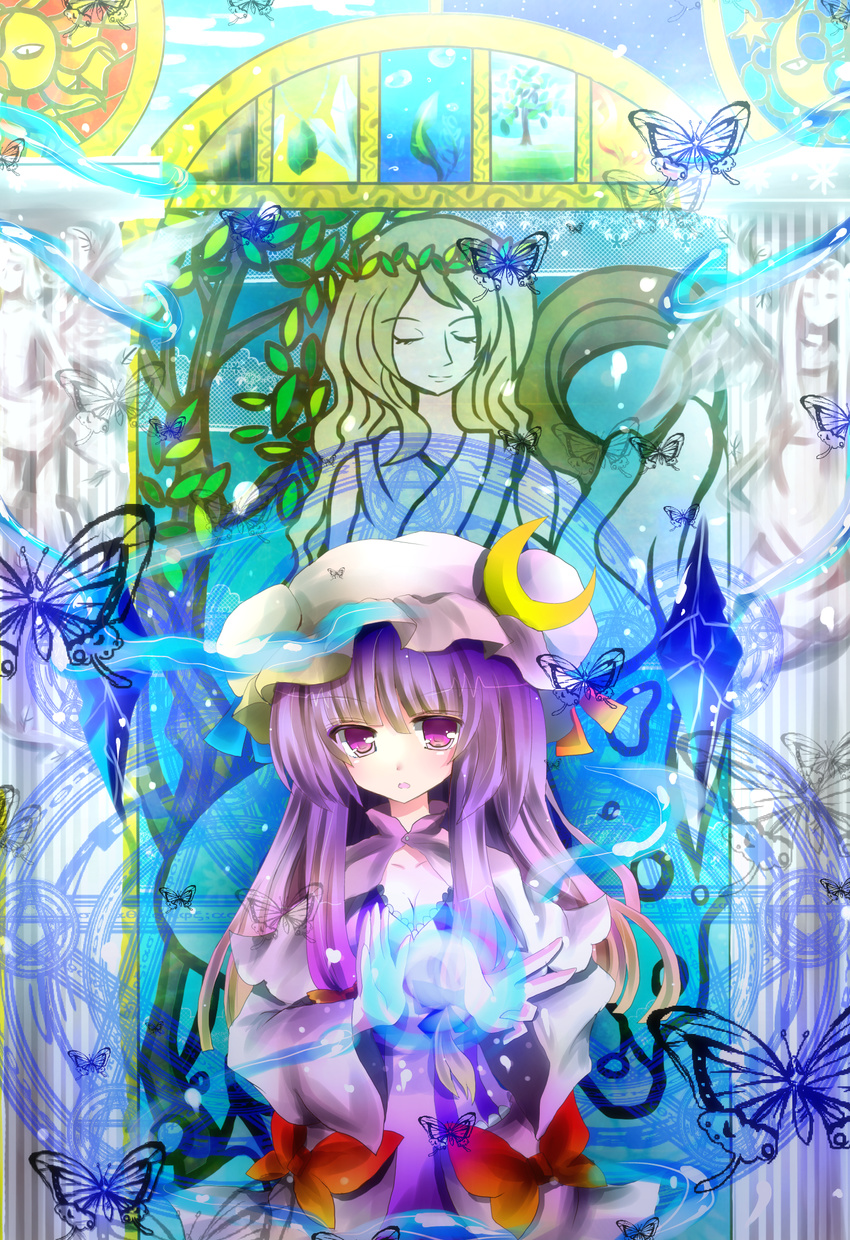 azumamutuki bad_id bad_pixiv_id breasts bug butterfly cleavage crescent dress hat highres insect long_hair magic magic_circle medium_breasts patchouli_knowledge purple_dress purple_eyes purple_hair solo touhou