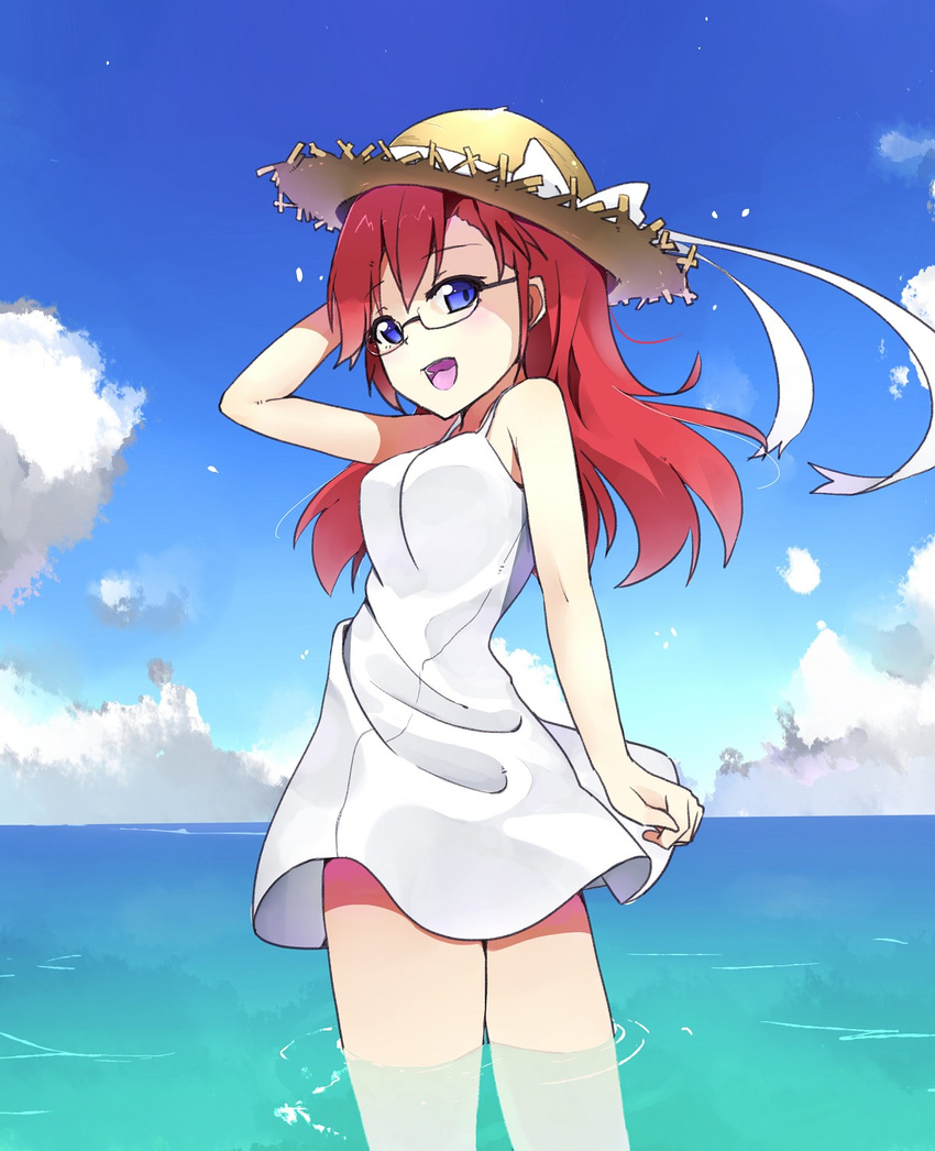 :d ano_natsu_de_matteru blue_eyes bow cloud day glasses hand_on_headwear hat hat_bow hat_ribbon highres long_hair looking_back ocean open_mouth red_hair ribbon sky smile snowflyer solo standing takatsuki_ichika wading water wind wind_lift