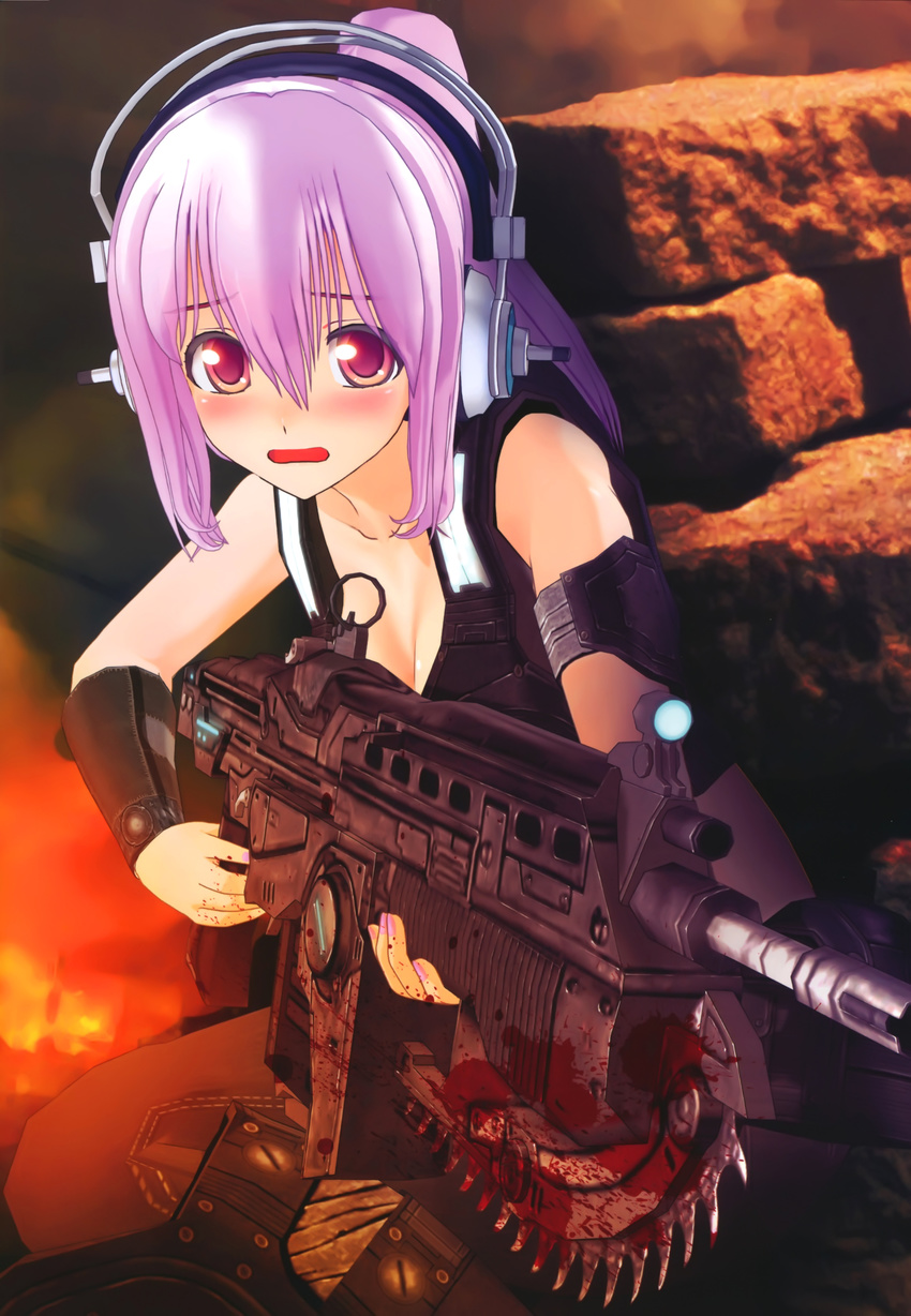 3d absurdres blood blush cosplay gears_of_war gun headphones highres lancer_(weapon) nail_polish nitroplus purple_hair red_eyes scared super_sonico tsuji_santa weapon