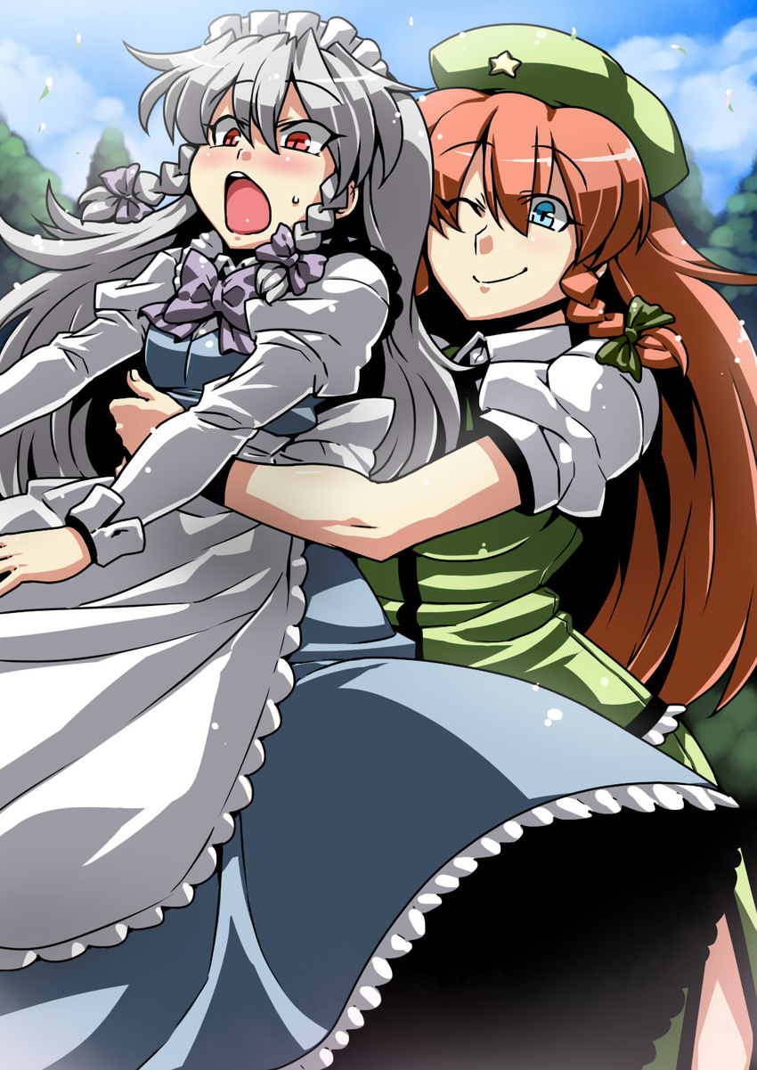 adapted_costume alternate_costume alternate_hair_length alternate_hairstyle beret blue_eyes blush braid dress hat highres hong_meiling izayoi_sakuya lifting long_hair maid maid_headdress multiple_girls one_eye_closed open_mouth red_eyes red_hair silver_hair smile touhou tsuki_wani twin_braids younger