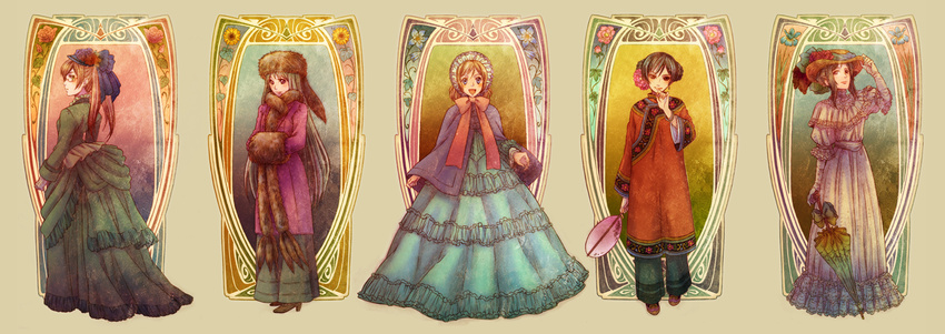 america_(hetalia) axis_powers_hetalia blonde_hair brown_hair capelet china_(hetalia) dress fan flower france_(hetalia) fur genderswap genderswap_(mtf) hat highres iris_(flower) long_hair muff multiple_girls parasol peony_(flower) rose russia_(hetalia) sunflower umbrella united_kingdom_(hetalia) zac_ba_run