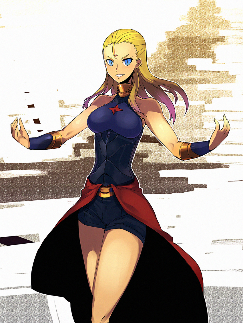 blonde_hair blue_eyes bracer breasts corset facial_mark forehead_mark genderswap genderswap_(mtf) highres hokuto_no_ken kusanagi_kaoru large_breasts outstretched_arms shorts smirk solo souther