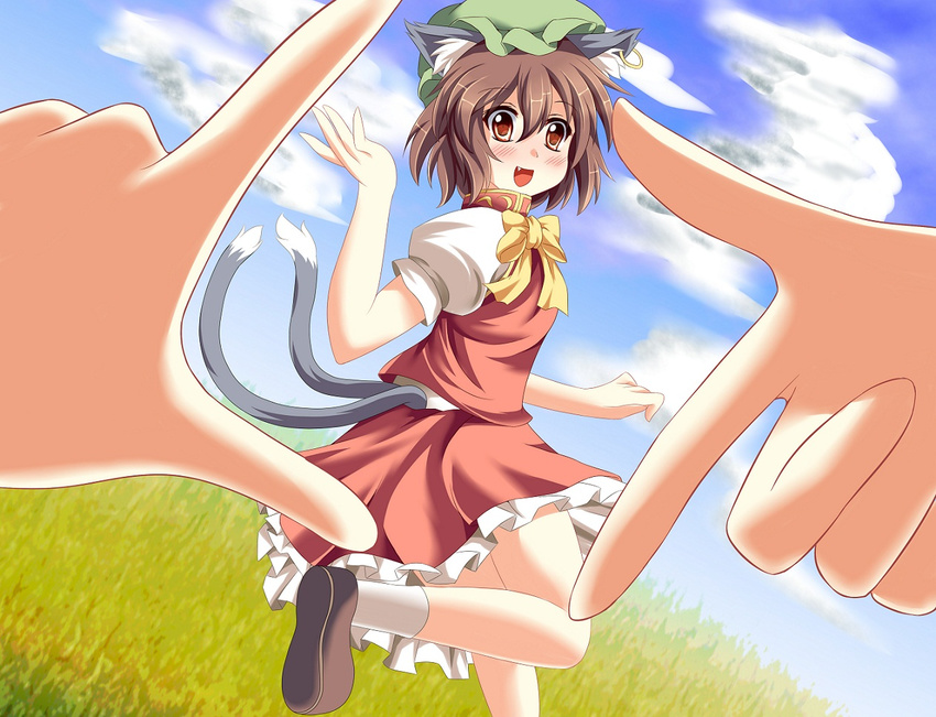 animal_ears bad_id bad_pixiv_id bow bowtie brown_eyes brown_hair cat_ears cat_tail chen fang finger_frame hat jewelry kmkm9696 multiple_tails out_of_frame pov pov_finger_frame shoes short_hair single_earring skirt skirt_set solo_focus tail touhou