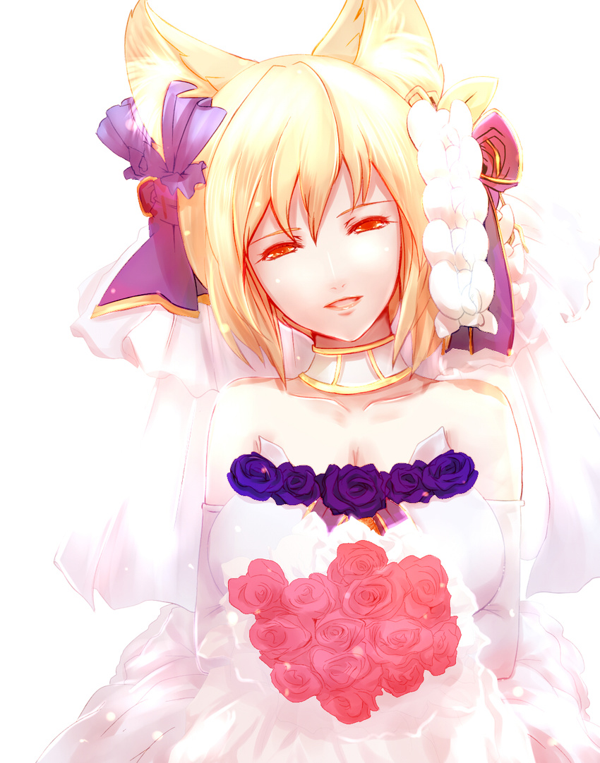 animal_ears bare_shoulders blonde_hair blue_flower blue_rose bouquet bow bride collar dearmybrothers dress flower fox_ears hair_bow hair_flower hair_ornament happy highres lips rose short_hair solo touhou upper_body wedding_dress yakumo_ran yellow_eyes