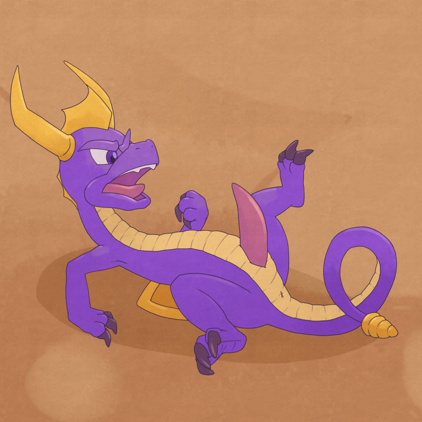 2018 3_fingers 3_toes angry animal_genitalia anus argon_vile brown_background claws digital_media_(artwork) dragon erection genital_slit hi_res lying male on_back open_mouth penis pink_penis purple_body purple_eyes scalie side_view signature simple_background slit solo spyro spyro_the_dragon tapering_penis toe_claws toes tongue video_games