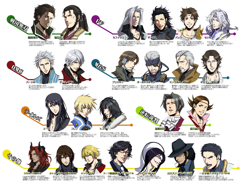 6+boys arrancar big_boss bleach blonde_hair butz_klauser capcom cecil_harvey character_request crossover dante dante_(devil_may_cry) devil_may_cry espada eyepatch fedora final_fantasy final_fantasy_iv final_fantasy_v final_fantasy_vii flynn_scifo glasses hal_emmerich hat highres hollow horns jigen_daisuke kuren lupin_iii male male_focus metal_gear metal_gear_(series) metal_gear_solid multiple_boys nnoitra_gilga nnoitra_jiruga original rock_howard sephiroth smile solid_snake tales_of_(series) tales_of_vesperia translation_request vergil white_hair yuri_lowell zack_fair