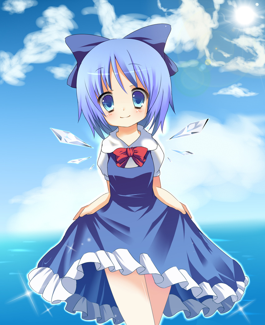 bad_id bad_pixiv_id blue_eyes blue_hair blush bow bowtie cirno cloud day hair_bow highres ice ice_wings large_bow marotti short_hair skirt_hold smile solo sun touhou wings