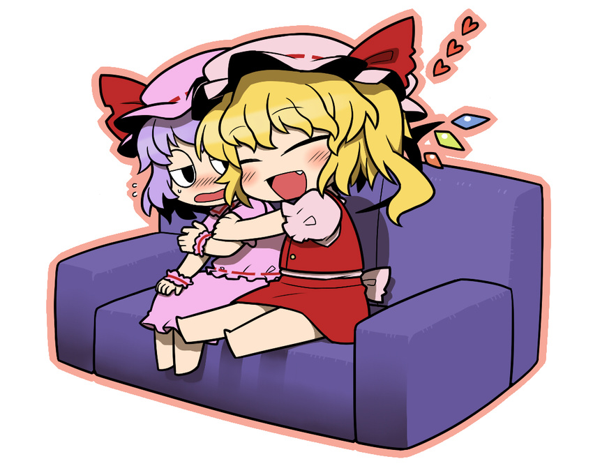 :d ^_^ blonde_hair blue_hair blush closed_eyes couch expressionless fang flandre_scarlet flying_sweatdrops hat heart hug jitome multiple_girls open_mouth remilia_scarlet short_hair siblings side_ponytail sisters sitting smile touhou ume_(noraneko)