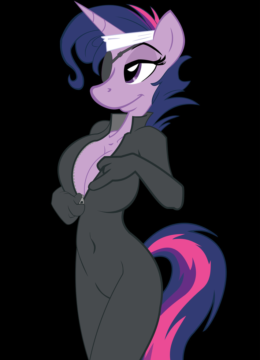 absurd_res absurdly_absurd_res anthro anthrofied big_breasts black_background bodysuit breasts catsuit cleavage clothed clothing crazygpu crazygpu(artist) equine eye_patch eyewear female form_fitting friendship_is_magic fur headband hi_res horn horse mammal my_little_pony navel plain_background pony purple purple_fur skinsuit solo tight_clothing twilight_sparkle_(mlp) undressing unicorn zipper