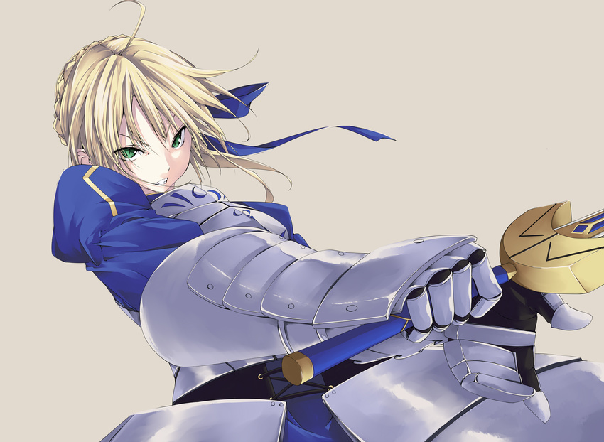 absurdres ahoge armor armored_dress artoria_pendragon_(all) blonde_hair dress excalibur fate/stay_night fate_(series) faulds gauntlets green_eyes hair_ribbon highres karasu_raku ribbon saber simple_background solo sword weapon