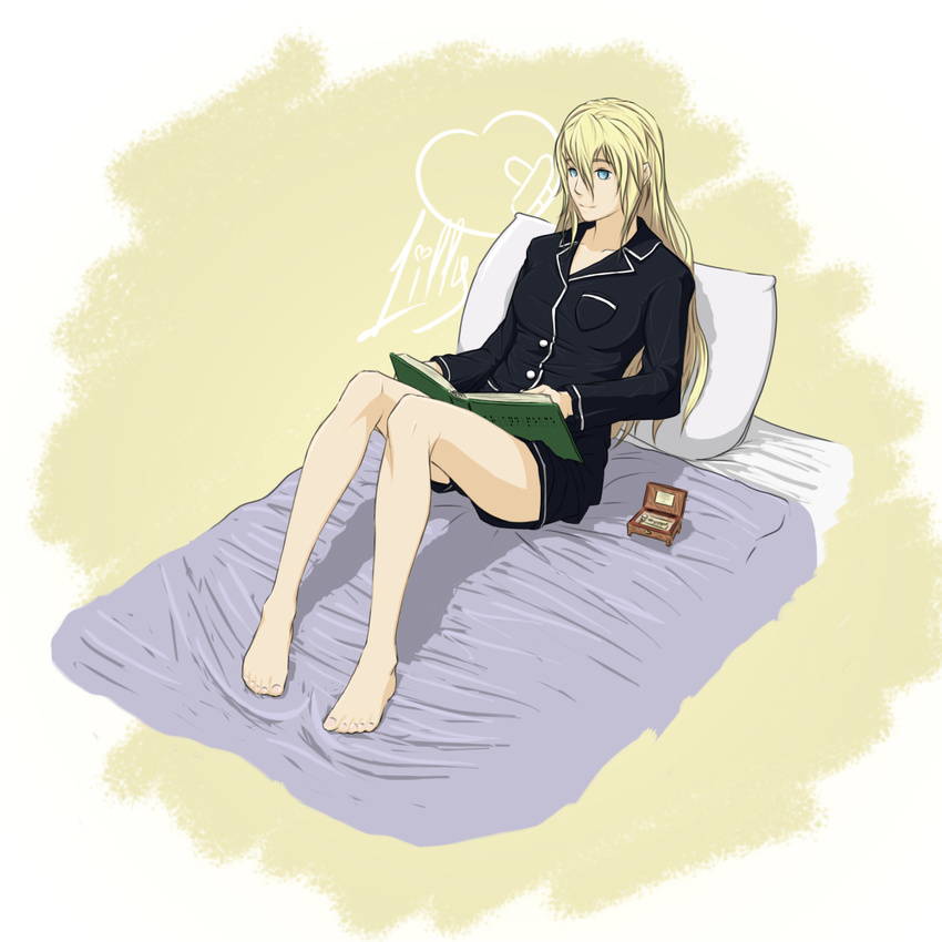 barefoot bed blind blonde_hair blue_eyes book braille drawfag feet hair_down highres katawa_shoujo long_hair music_box on_bed open_book pajamas pillow reading satou_lilly shorts sitting solo