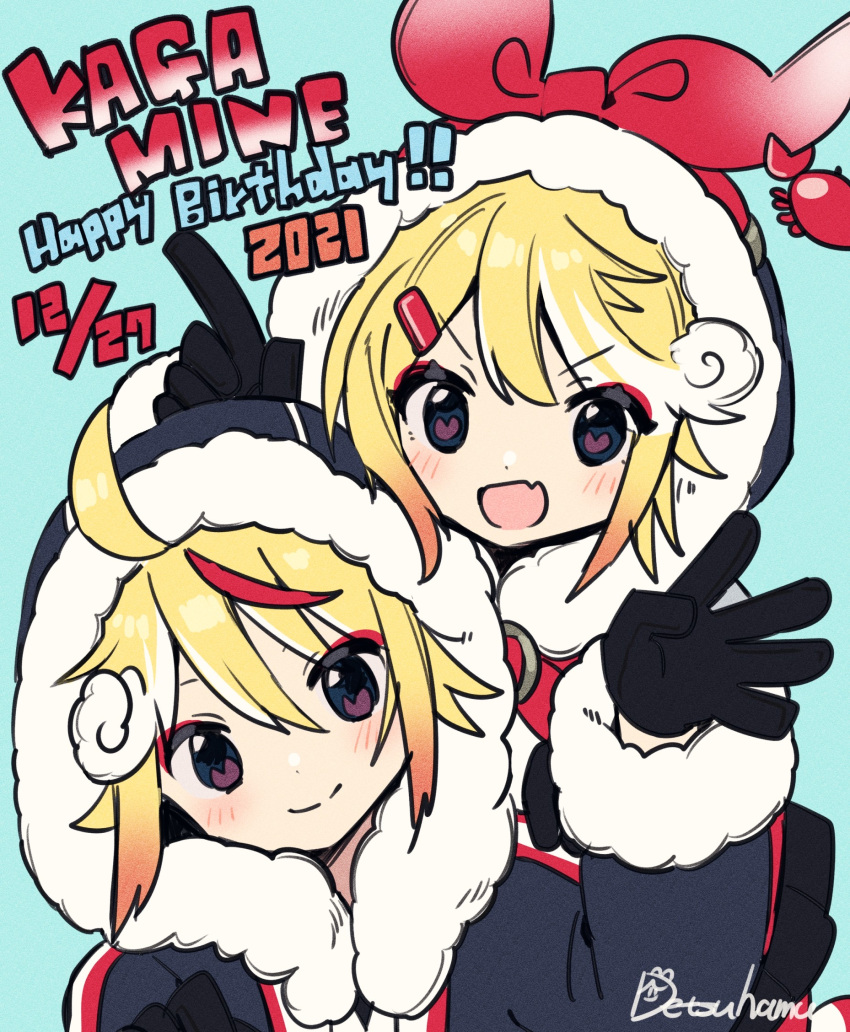 1boy 1girl black_coat black_gloves blonde_hair blue_eyes blush bow character_name coat colored_tips commentary crab dated fang fur-trimmed_coat fur-trimmed_hood fur_trim gloves hair_bow hair_ornament hairclip hamudetsu hand_up happy_birthday heart heart-shaped_pupils highres hood hooded_coat index_finger_raised kagamine_len kagamine_rin looking_at_viewer multicolored_hair open_mouth outstretched_hand red_bow red_hair signature skin_fang smile streaked_hair symbol-shaped_pupils upper_body vocaloid white_hair yuki_len yuki_len_(2022) yuki_rin yuki_rin_(2022)