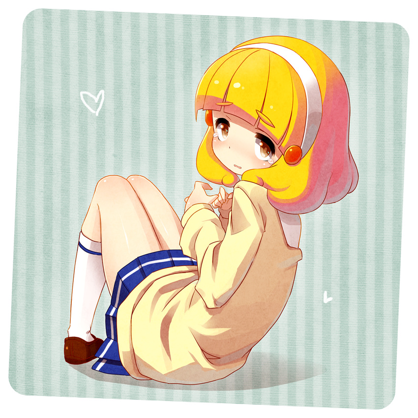 blonde_hair blueberry_(5959) brown_eyes hairband kise_yayoi legs looking_at_viewer looking_back nanairogaoka_middle_school_uniform precure rounded_corners school_uniform sitting skirt smile_precure! socks solo tears white_hairband