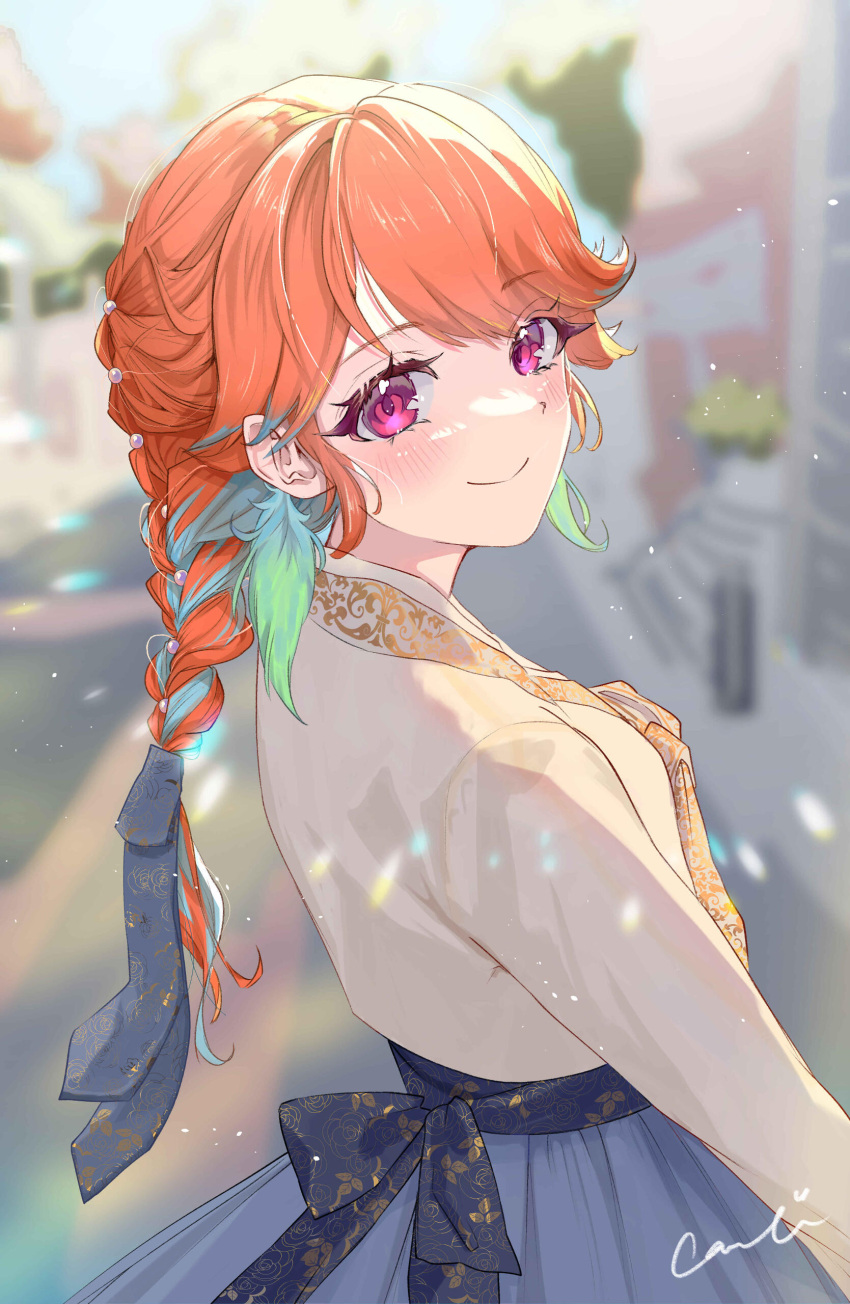 1girl absurdres alternate_costume blush bow braid earrings elderflower feather_earrings feathers from_behind green_hair hanbok highres hololive hololive_english jewelry korean_clothes looking_at_viewer looking_back multicolored_hair orange_hair purple_eyes signature smile solo streaked_hair takanashi_kiara virtual_youtuber