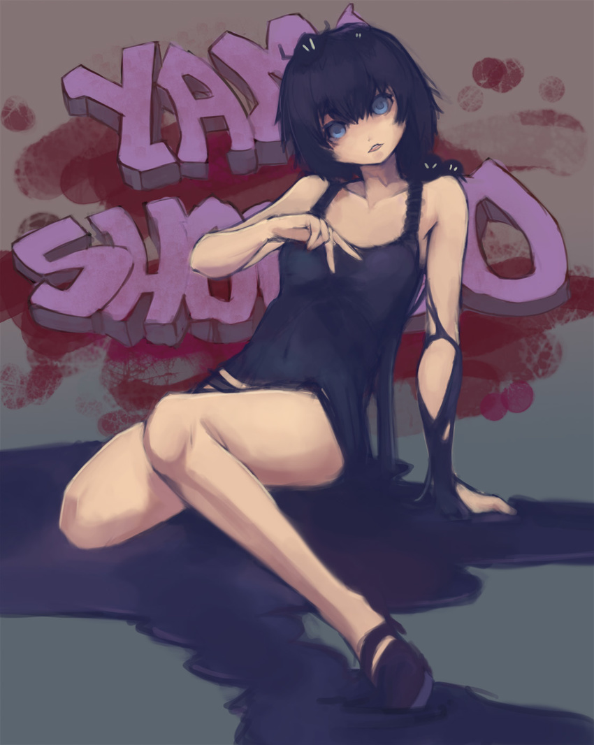 bare_shoulders black_dress black_hair blue_eyes camisole character_name creature dress flat_chest highres monster original riftgarret short_hair slime solo yami_shoujo