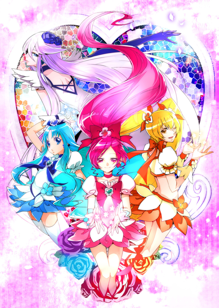 blonde_hair blue_choker blue_eyes blue_hair blue_skirt bow brooch chiyo_(rotsurechiriha) choker collarbone cure_blossom cure_marine cure_moonlight cure_sunshine earrings flower gloves hair_bow hanasaki_tsubomi heart heartcatch_precure! highres jewelry kurumi_erika lavender_hair magical_girl multiple_girls myoudouin_itsuki orange_bow orange_choker pink_bow pink_choker pink_eyes pink_hair ponytail precure rose skirt stained_glass tsukikage_yuri twintails yellow_eyes