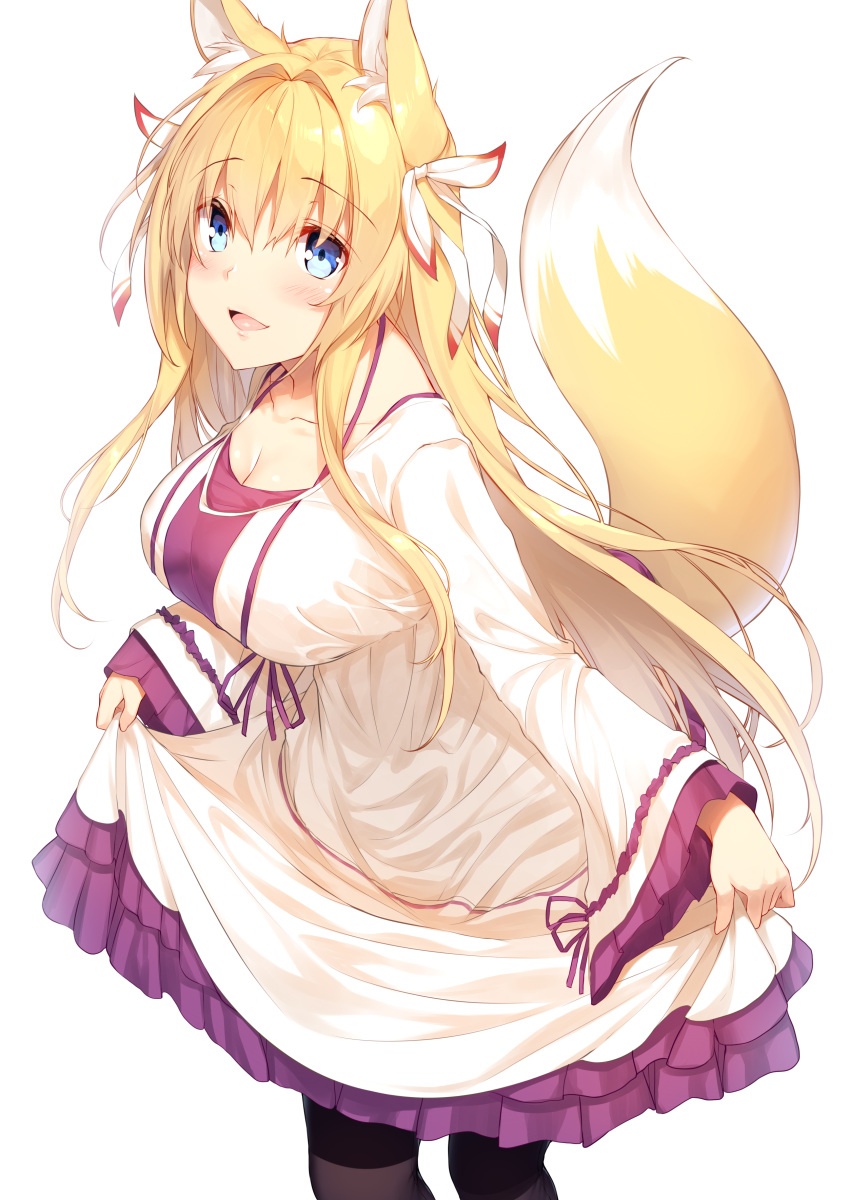 animal_ears cleavage dress kitsune pantyhose skirt_lift tail yappen