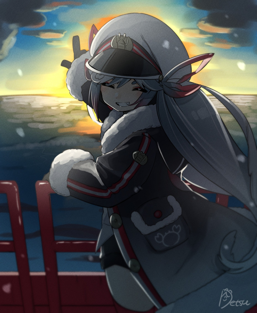 1girl backlighting black_coat black_gloves black_shorts blue_hair blurry blurry_background cloud cloudy_sky coat commentary cowboy_shot crab_print facing_viewer film_grain foreshortening from_side fur-trimmed_coat fur_trim gloves grin hair_ribbon hamudetsu handrail hat hatsune_miku highres long_hair military military_uniform naval_uniform ocean outdoors outstretched_arm peaked_cap pointing red_ribbon ribbon shorts signature sky smile snowing solo standing sunrise twintails uniform very_long_hair vocaloid wavy_hair white_hair white_headwear yuki_miku yuki_miku_(2022)