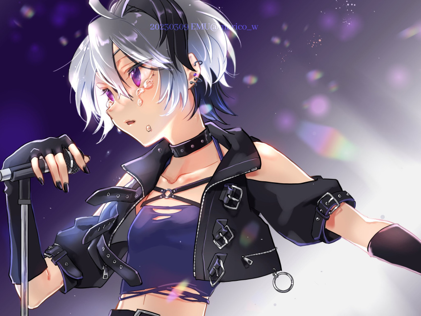 1girl arm_warmers artist_name belt belt_collar black_gloves black_jacket black_nails clothing_cutout collar collarbone commentary crop_top crying dated elbow_gloves emu_(marico_w) fingerless_gloves flower_(vocaloid) flower_(vocaloid4) gloves highres holding holding_microphone jacket lens_flare looking_to_the_side microphone midriff multicolored_hair navel o-ring open_mouth petite purple_eyes purple_hair purple_shirt shirt shoulder_cutout sidelighting single_arm_warmer solo streaked_hair tears torn_clothes torn_shirt twitter_username upper_body vocaloid watermark white_hair