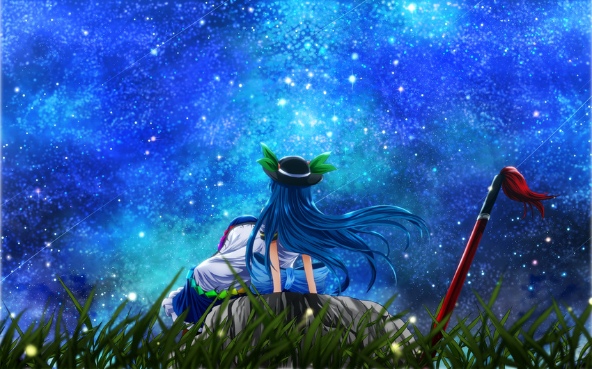 blue_hair bow from_behind hat highres hinanawi_tenshi long_hair nekominase night night_sky rock sky solo star_(sky) starry_sky sword_of_hisou touhou wallpaper