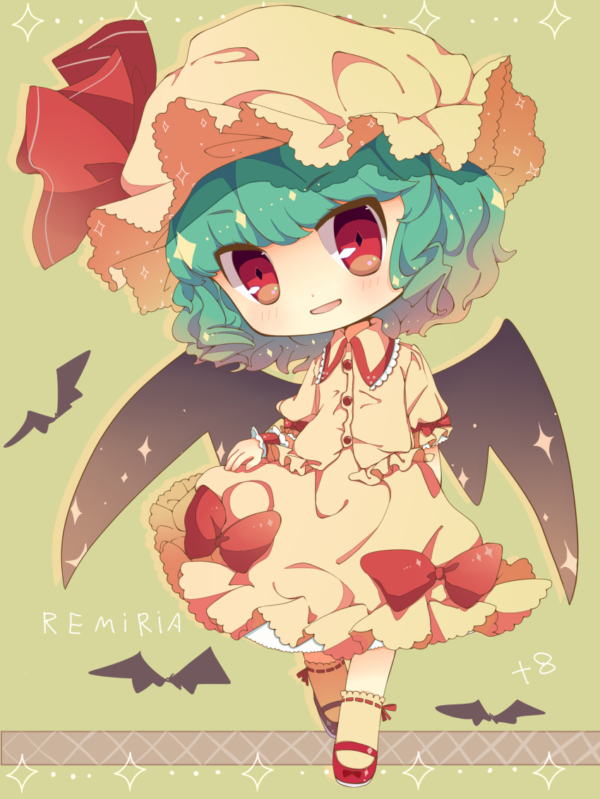 1girl absurdres bat_(animal) bat_wings blue_hair bow character_name chibi collared_shirt dududunune8 frilled_shirt frilled_shirt_collar frilled_sleeves frills full_body green_bow hat head_tilt highres looking_at_viewer mary_janes mob_cap open_mouth pink_headwear pink_shirt pink_skirt puffy_short_sleeves puffy_sleeves red_eyes red_footwear remilia_scarlet ribbon-trimmed_socks shirt shoes short_hair short_sleeves simple_background skirt solo touhou wings