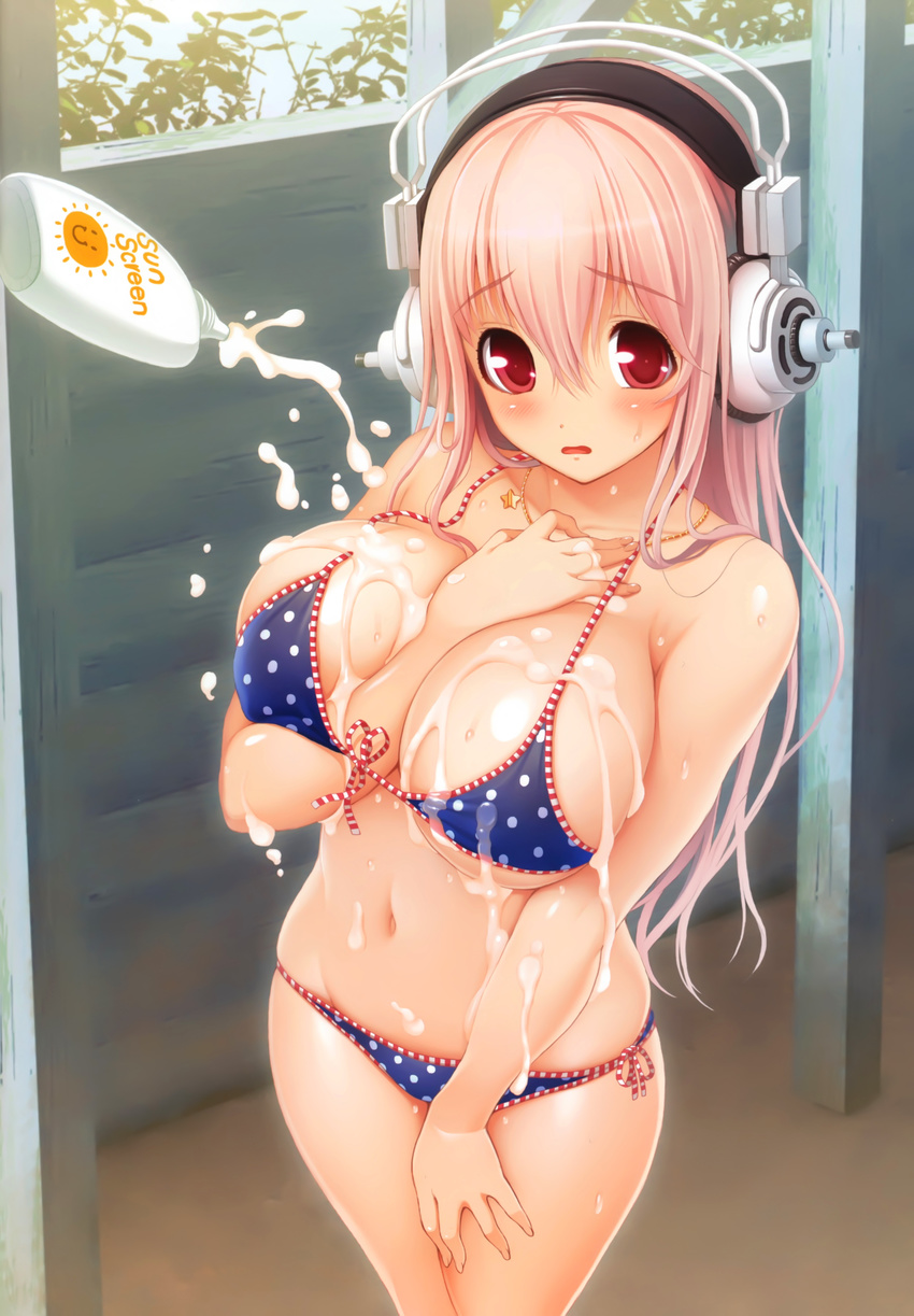 absurdres bare_shoulders between_breasts bikini blush breasts cleavage front-tie_top headphones highres jewelry large_breasts long_hair looking_at_viewer lotion navel necklace nitroplus open_mouth pink_hair polka_dot polka_dot_bikini polka_dot_swimsuit red_eyes scan sexually_suggestive side-tie_bikini solo standing suggestive_fluid sunscreen super_sonico swimsuit tsuji_santa