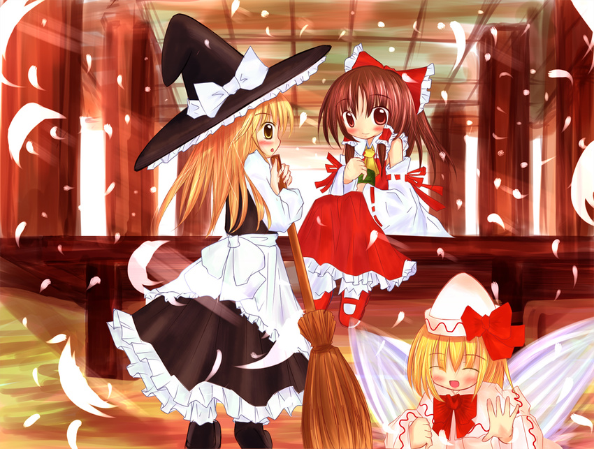 :d ^_^ ^o^ apron arisato black_dress black_legwear blonde_hair brown_eyes brown_hair cherry_blossoms closed_eyes dress from_behind hakurei_reimu hat indoors kirisame_marisa lily_white long_hair looking_at_viewer looking_back multiple_girls open_mouth pillar puffy_short_sleeves puffy_sleeves red_dress short_sleeves sitting size_difference smile standing tate_eboshi thighhighs touhou waist_apron