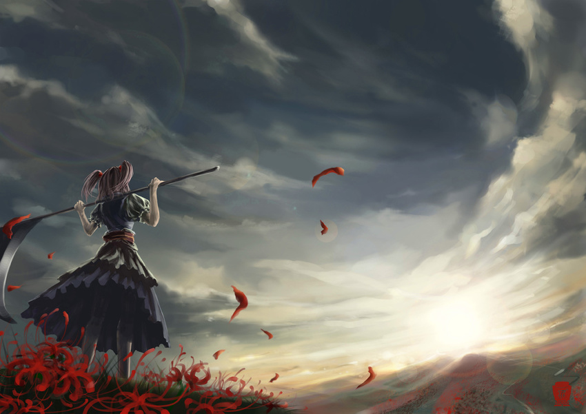 bad_id bad_pixiv_id cloud flower landscape mountain ni_piao_xiancai onozuka_komachi petals scenery scythe sky solo spider_lily touhou two_side_up