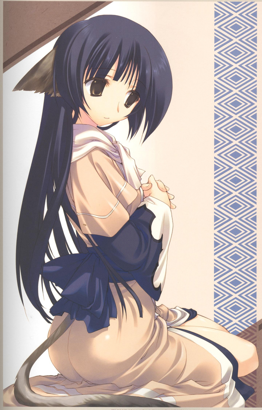 amazuyu_tatsuki animal_ears ass bangs black_hair blind blunt_bangs border bow brown_eyes from_side gradient gradient_background hands_clasped highres interlocked_fingers japanese_clothes kimono long_hair long_sleeves looking_down official_art own_hands_together sash scan sitting smile solo tail tail_through_clothes utawareru_mono very_long_hair wide_sleeves yuzuha_(utawareru_mono)