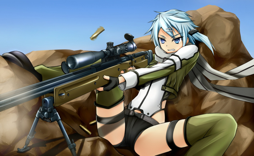 ai_arctic_warfare aiming aqua_eyes aqua_hair bipod bolt_action casing_ejection clenched_teeth fingerless_gloves gloves green_legwear gun hair_ornament legs motion_blur rasielcochma rifle scarf scope shell_casing short_hair sinon sniper_rifle solo spread_legs sword_art_online teeth thigh_strap thighhighs thighs weapon