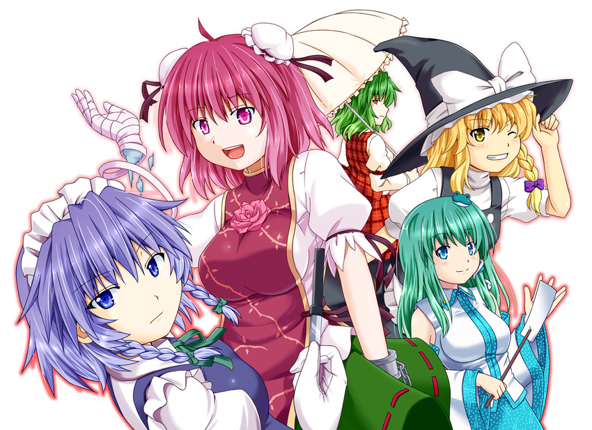 apron arm_up armband bandages beni_(bluebluesky) between_fingers blonde_hair blue_eyes bow braid breasts buttons chain cuffs detached_sleeves double_bun dress_shirt fang flower frog_hair_ornament from_behind gloves gohei green_hair grin hair_bow hair_ornament hand_on_headwear hand_up hat hat_bow high_collar holding ibaraki_kasen izayoi_sakuya kazami_yuuka kirisame_marisa knife kochiya_sanae large_breasts lavender_hair leaf light_smile long_hair long_sleeves looking_at_viewer looking_back maid_headdress multiple_girls one_eye_closed open_hand open_mouth outline parasol pink_eyes pink_hair plaid plaid_skirt plaid_vest puffy_sleeves red_eyes ribbon rose shackles shirt short_hair short_sleeves simple_background single_braid skirt smile snake tabard teeth thorns throwing_knife tongue touhou twin_braids umbrella vest weapon white_background white_bow wide_sleeves witch_hat yellow_eyes