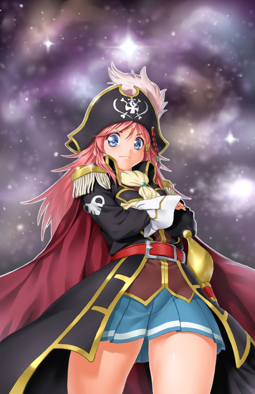 belt blue_eyes cape cravat crossed_arms epaulettes from_below hair_ornament hairclip hat hat_feather highres katou_marika long_hair looking_at_viewer miniskirt_pirates onsoku_maru pink_hair pirate pirate_hat pleated_skirt rapier saber_(weapon) skirt skull_and_crossbones smile solo space star_(sky) sword weapon